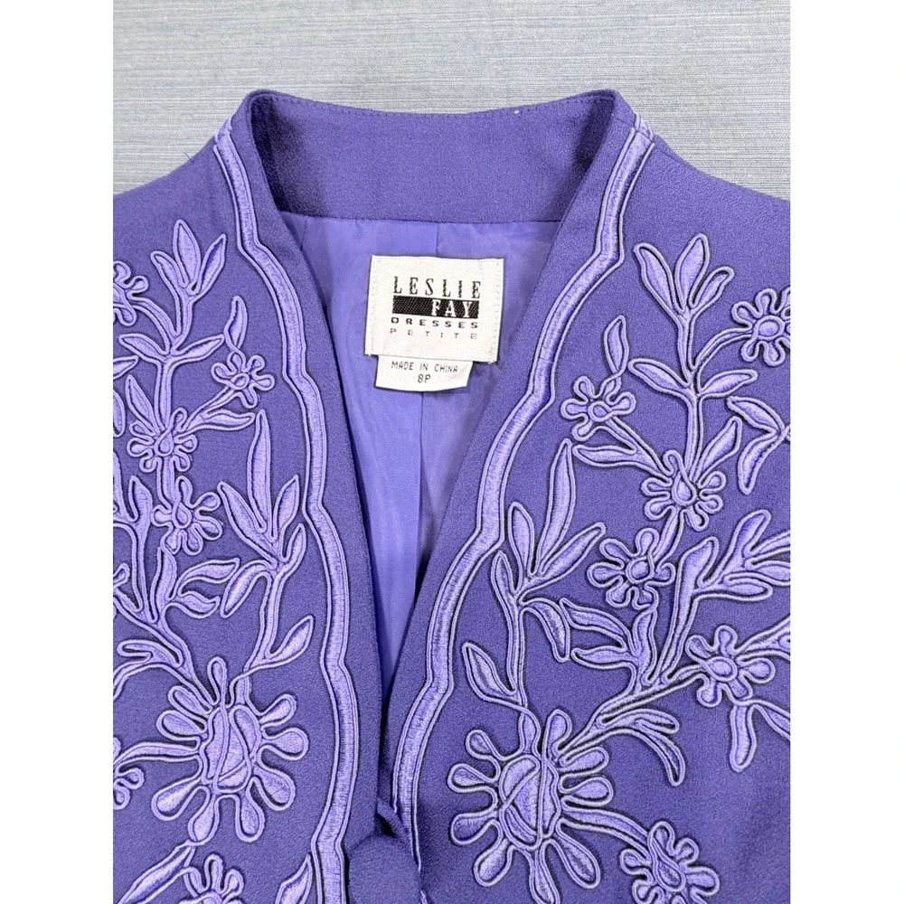 VTG Leslie Fay Petite Purple Skirt Suit Floral Embroidered 2 Piece Set 8P